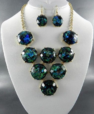 DEEP OCEAN PRINT PENDANT NECKLACE SET. 17"L - 3"EXT  EARRINGS