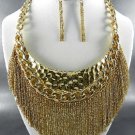 GOLD PLPLATE HAMMERED METAL TASSEL DANGLING NECKLACE SET. 18"L - 3"EX EARRINGS