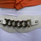 NEW WOMEN ELASTIC HIP WAIST WHITE WIDE FASHION BELT SILVER CHAINS 33"-45" M-L-XL