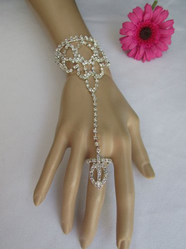 NEW WOMEN SILVER METAL HAND CHAIN SLAVE DRESSY WEDDING BRACELET RING RHINESTONES