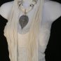 NEW WOMEN WHITE CASUAL FASHION SOFT SCARF NECKLACE BIG PEWTER METAL LEAF PENDANT
