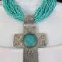 New Women 16" Turquoise Beads Strand Necklace Large Metal Cross Pendant Earrings