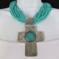 New Women 16" Turquoise Beads Strand Necklace Large Metal Cross Pendant Earrings