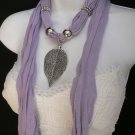 NEW WOMEN LAVANDER L. PURPLE FASHION SOFT SCARF NECKLACE BIG METAL LEAF PENDANT