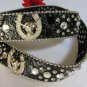 NEW WOMEN BLACK LEATHER WESTERN BULL HORSESHOE BELT SILVER BUCKLE 32"-37" S / M