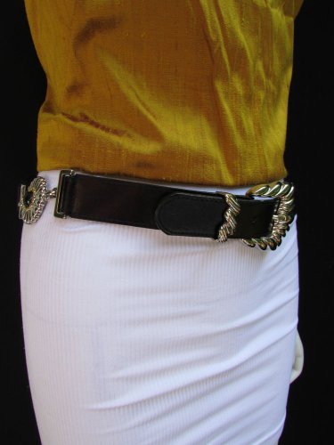 NEW WOMEN HIP WAIST MOROCCAN SILVER METAL BUCKLE BLACK FASHION BELT 32"-36" M/L