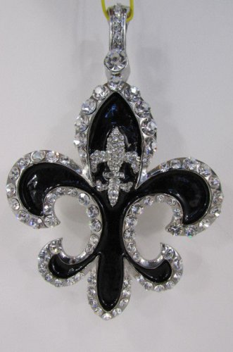 NEW WOMEN SILVER BLACK METAL PLATE SCARF NECKLACE PENDANT CHARM BIG FLEUR DE LIS