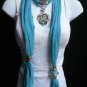 NEW WOMEN BLUE SOFT FABRIC SCARF NECKLACE SILVER RHINESTONES BIG FLOWER PENDANT