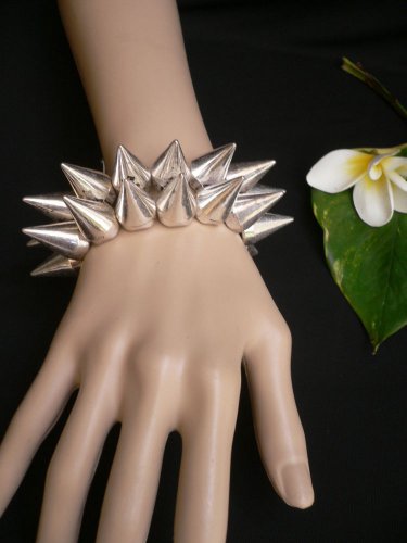 NEW WOMEN TWO ROWS SILVER SPIKES BANGLE FASHION BRACELET ROCKER PUNK STYLISH