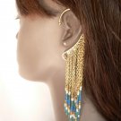 NEW WOMEN FASHION BLUE WHITE BEADS LONG OVER THE EAR CUFF 2 GOLD EARRINGS SET 6"