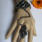 NEW WOMEN PEWTER METAL HAND CHAINS SLAVE BRACELET RING BIG BEADS RHINESTONES