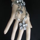 NEW WOMEN SILVER FLOWERS HAND CHAINS SLAVE BRACELET RING RHINESTONES BIG HEART