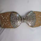 NEW WOMEN HIP WAIST ELASTIC BEIGE FASHION BELT BIG SILVER BOW BUCKLE 27"-35" S/M