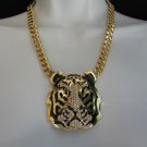 NEW WOMEN GOLD SHORT FASHION NECKLACE PANTHER TIGER HEAD PENDANT RHINESTONES 9"