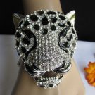 NEW WOMEN SILVER BLACK FASHION CUFF BRACELET PANTHER BIG TIGER HEAD RHINESTONES
