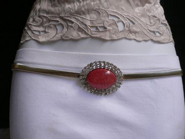 NEW WOMEN HIP HIGH WIAST ELASTIC METAL THIN SILVER BELT DREESY RED BUCKLE S M L