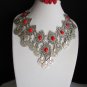 NEW WOMEN METAL SILVER CHAINS RED BEADS MOROCCAN STYLE FASHION NECKLACE HANDMADE
