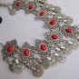 NEW WOMEN METAL SILVER CHAINS RED BEADS MOROCCAN STYLE FASHION NECKLACE HANDMADE