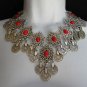 NEW WOMEN METAL SILVER CHAINS RED BEADS MOROCCAN STYLE FASHION NECKLACE HANDMADE
