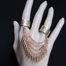 NEW WOMEN GOLD METAL CHAINS AND SPIKES 2 FINGERS TRENDY FASHION RINGS ELASTIC