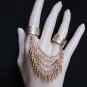 NEW WOMEN GOLD METAL CHAINS AND SPIKES 2 FINGERS TRENDY FASHION RINGS ELASTIC