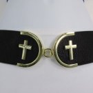 WOMEN HIGH WAIST HIP BLACK ELASTIC FASHION BELT BIG GOLD CROSS BUCKLE 27-35" S M