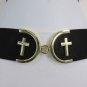 WOMEN HIGH WAIST HIP BLACK ELASTIC FASHION BELT BIG GOLD CROSS BUCKLE 27-35" S M