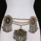 NEW WOMEN ANTIQUE SILVER CHAINS BLUE RED BEADS FASHION METAL BELT 35"-39" M / L