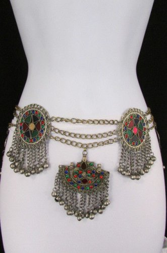 NEW WOMEN ANTIQUE SILVER CHAINS BLUE RED BEADS FASHION METAL BELT 35"-39" M / L