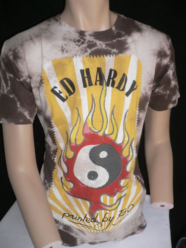 ed hardy men shirt brown color flames crew neck peace fire sign large size