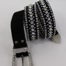 New Women Black Suede Leather Western Fashion Belt Silver Rhinestones S M L XL