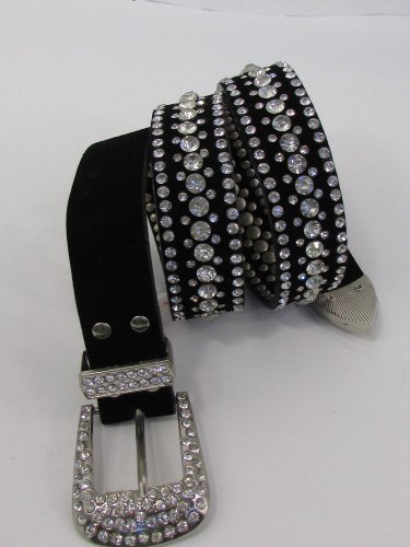 New Women Black Suede Leather Western Fashion Belt Silver Rhinestones S M L XL