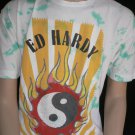 NEW ED HARDY MEN WHITE AQUA T-SHIRT RHINESTONES FIRE PEACE CREW-NECK TOP XL