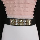 New Women Black Elastic Fashion Belt Gold Metal Plate Big Crystals S / M 27"-35"
