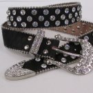 New Women Black Leather Western Fashion Belt Silver Rhinestones Buckle S M L XL