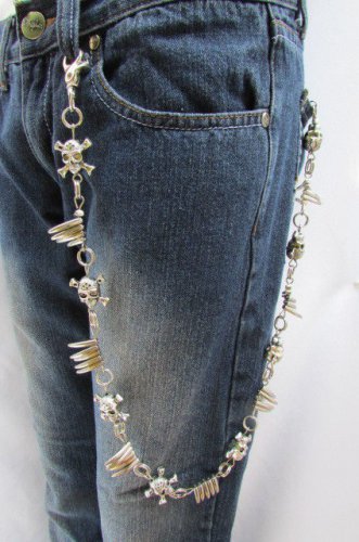 Rocker Silver Metal Long Wallet Chains KeyChain Big Skulls Skeleton Teeth Biker
