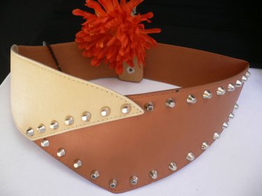 WOMEN ELASTIC HIP WAIST WIDE WESTERN BELT MOCA BEIGE COLOR  SPIKES S M SIZE