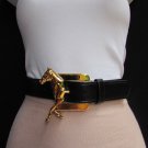 NEW WOMEN BLACK FAUX LEATHER FASHION BELT BIG GOLD HORSE BUCKLE 28"-32" S M