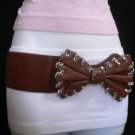 NEW WOMEN HIP WAIST ELASTIC BROWN WIDE FASHION BELT CHAINS BIG BOW 30"-40" M / L