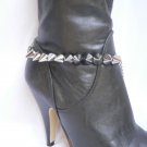 WOMEN SILVER PEWTER CHAINS BOOT TWO SIDES SPIKES SINGLE STRAP WESTERN SHOE CHARM