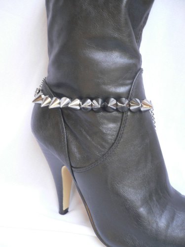 WOMEN SILVER PEWTER CHAINS BOOT TWO SIDES SPIKES SINGLE STRAP WESTERN SHOE CHARM