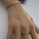 WOMEN GOLD THIN METAL FASHION HAND CHAIN BRACELET SLAVE RING SMALL RIBBON BOW