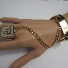 B NEW WOMEN GOLD METAL FASHION HAND CHAIN TIGER HEAD FACE BRACELET TO SLAVE RING