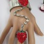 WOMEN BIG RED STRAWBERRY METAL HAND CHAIN MULTI RHINESTONES SLAVE BRACELET RING