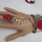 WOMEN BIG RED STRAWBERRY METAL HAND CHAIN MULTI RHINESTONES SLAVE BRACELET RING