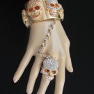NEW HOT WOMEN GOLD METAL HAND CHAIN MULTI SKULLS RHINESTONES SLAVE BRACELET RING