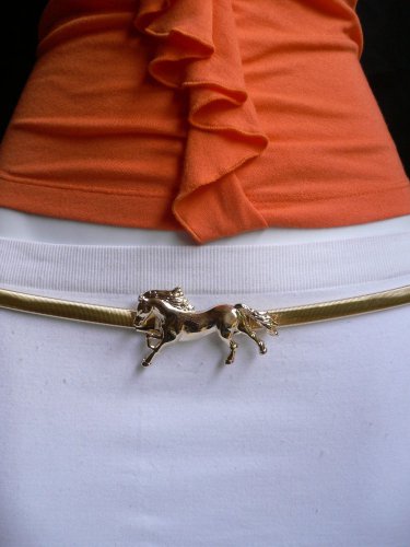 NEW WOMEN ELASTIC NARROW METAL THIN FASHION BELT GOLD HORSE BUCKLE 27"-40" S M L