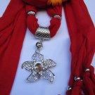 WOMEN RED FASHION FABRIC SCARF LONG NECKLACE BIG BEADS METAL FLOWER PENDANT