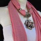 WOMEN FASHION SOFT FABRIC L. PINK SCARF LONG NECKLACE BIG METAL FLOWER PENDANT