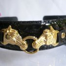 NEW WOMEN BLACK FAUX PATENT LEATHER FASHION HEADBAND TWO TOP GOLD HORSES DETAIL
